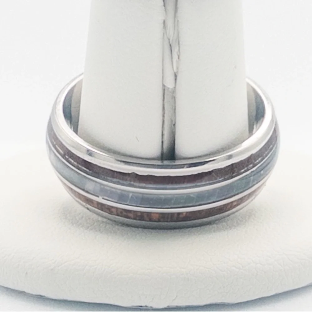 Mens Tungsten Carbide Ring With Wood & Opal Inlay Durable & Stylish Design - Picture 8 of 13